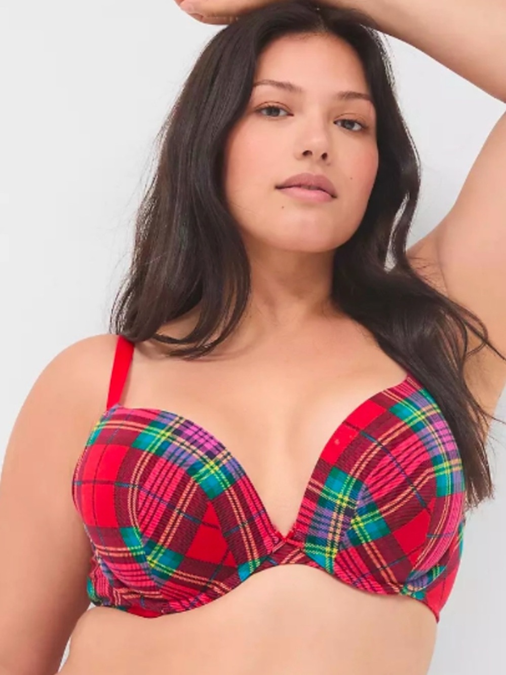Cacique Boost Plunge Red Tartan Plaid Push-Up Bra Size 40B